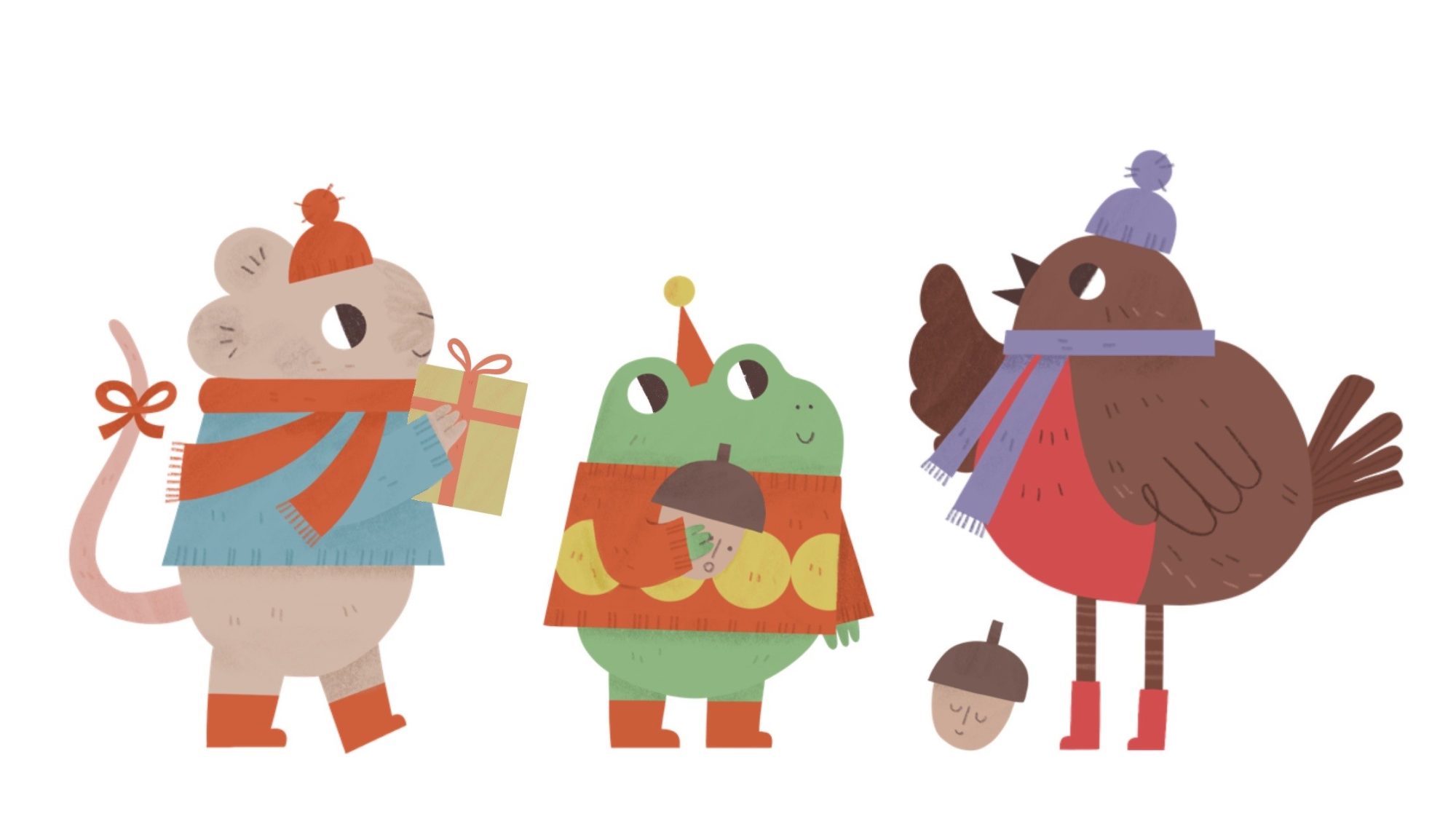 An illustration of a mouse, a frog and a robin with little acorns.