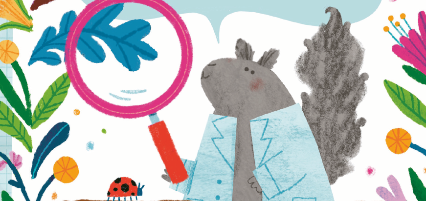 An illustration of a squirrel with a magnifying glass.