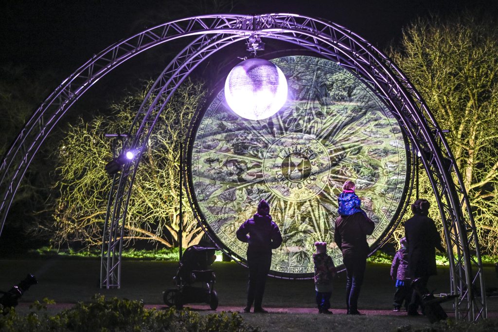 visitors enjoying a projection onto a round screen