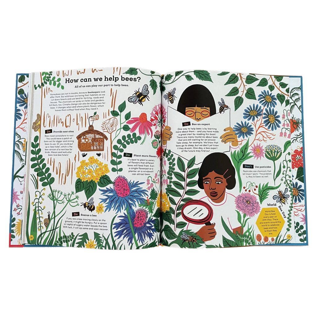 Pages in a book with illustrations of plants, bees, flowers and children with text.