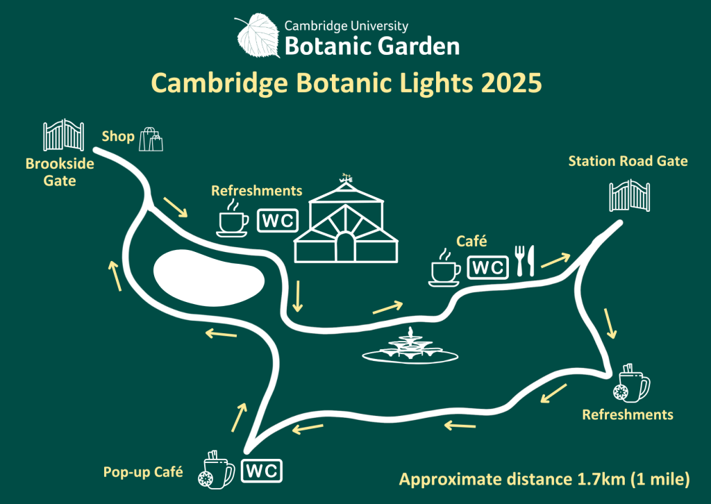 A map of the Cambridge Botanic Lights trail route.