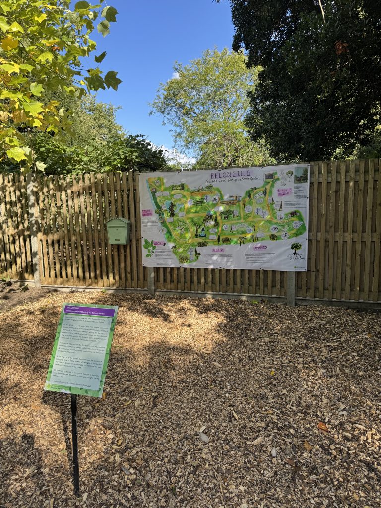 An artistic illustration of Cambridge University Botanic Garden with text around the outside.