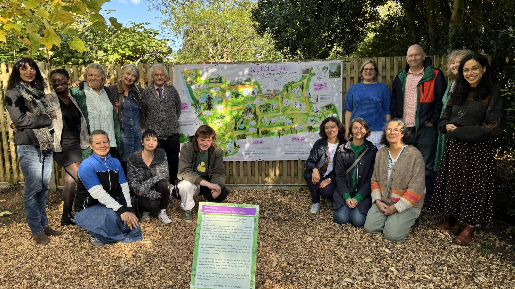 A group of people pose either side of a map of Cambridge University Botanic Garden.