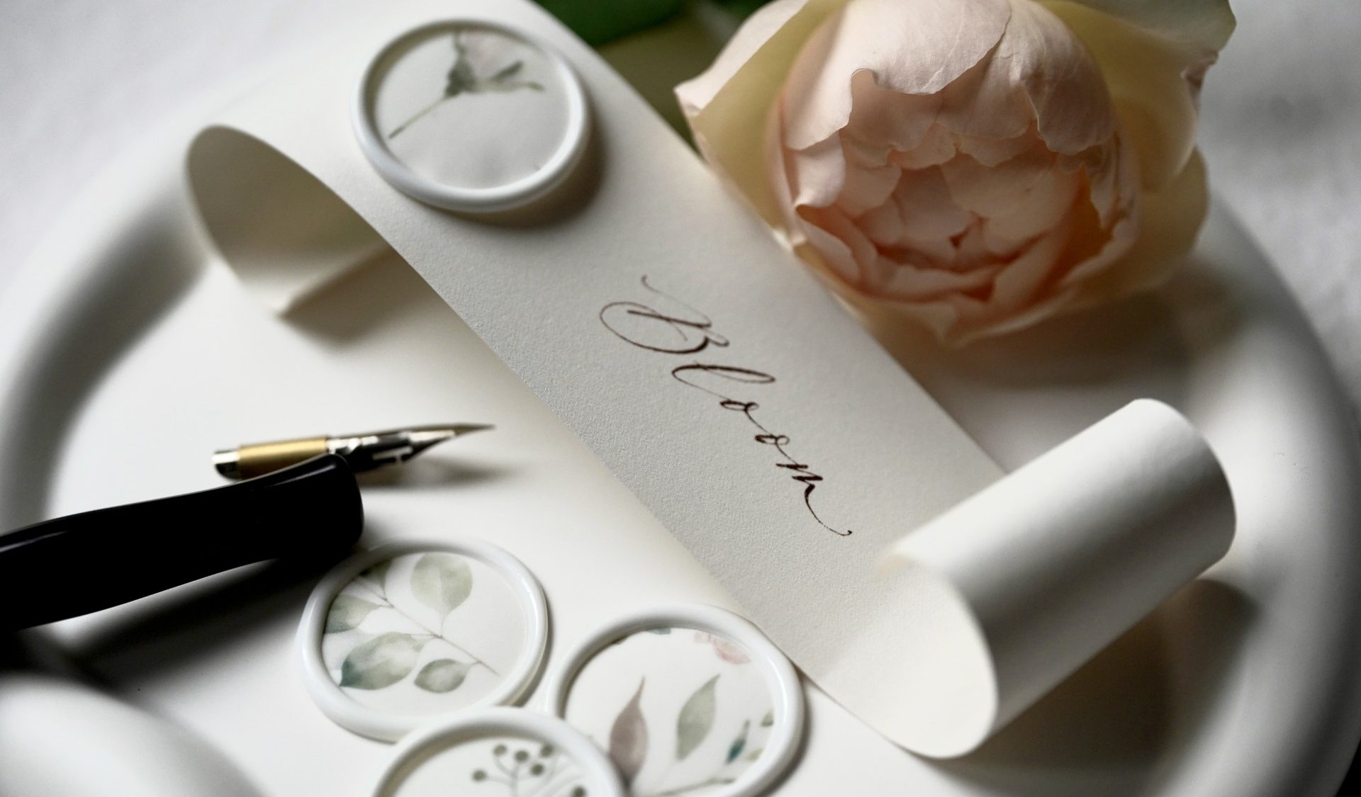Small scroll of paper with the word 'Bloom' hand written on it, next to a rose and a pen
