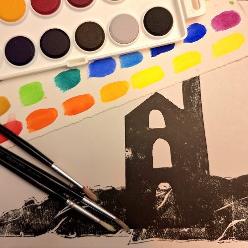 Linocut with watercolour and chine collé