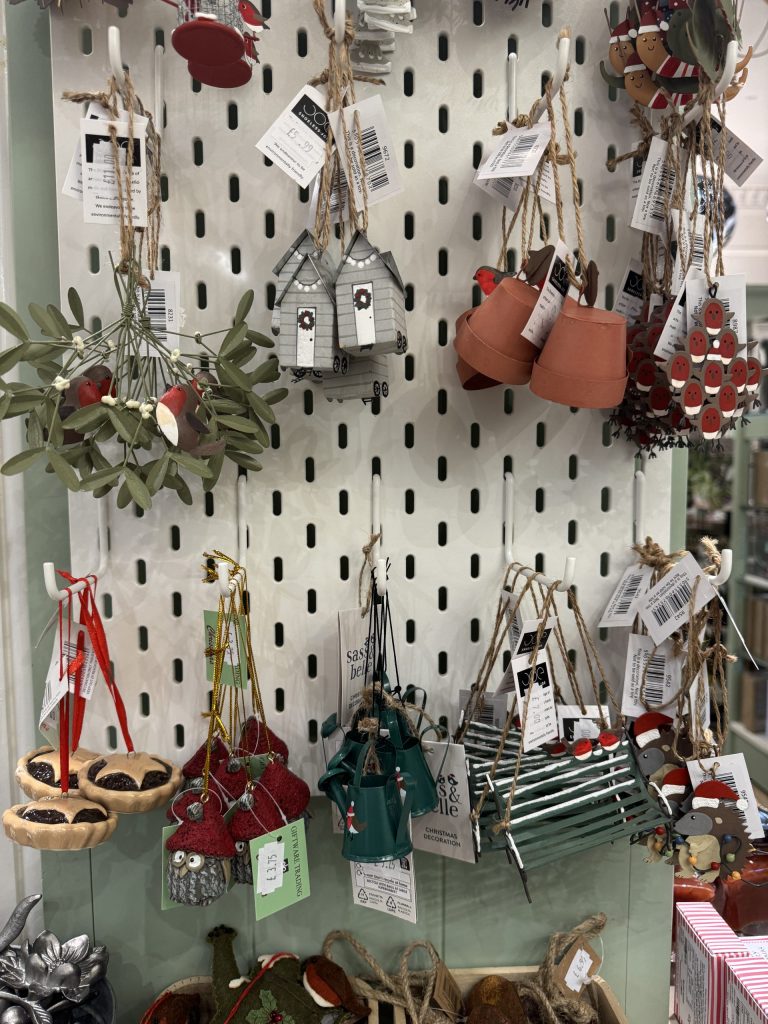 A shop display of Christmas decorations.
