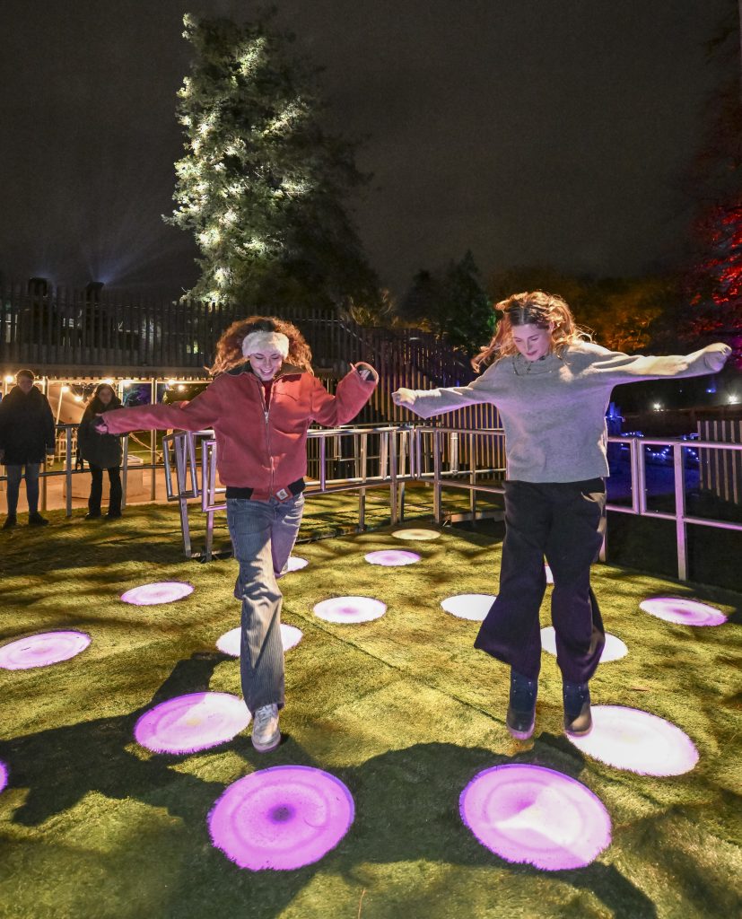 Two visitors leap in the air above a grassy ground that is dotted with glowing purple circles, each circle approximately 60cm in diameter.  One of the figures is wearing a red jacket and blue jeans, and the other a grey sweatshirt and black trousers. They have broad smiles on their faces and their long hair appears to be floating behind them as they jump,  Behind them are two more figures watching the scene. Silver railings run alongside the grass, and in the background warm white light is projected onto a tree in a shape like a folding fan.