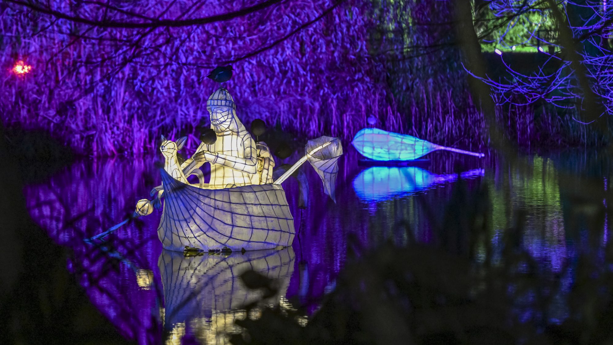 A glowing white sculpture of a person in a rowboat sits on a lake at night time. In the prow of their boat sits a sculpture of a dog and two real moorhens are perched, roosting, on the installation. In the background is another blue-glowing sculpture of a seed pod, and the trees and bushes behind the lake are lit in a deep purple.