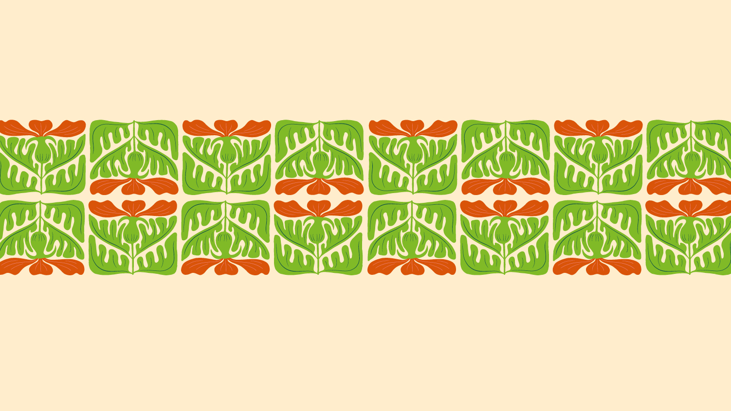 An stylised illustration of mirror image orange flowers and green divided foliage