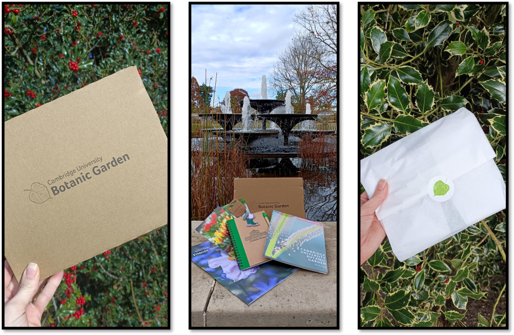 Gift Packs - three images:  unopened in cardboard, wrapped in tissue paper, and opened showing contents