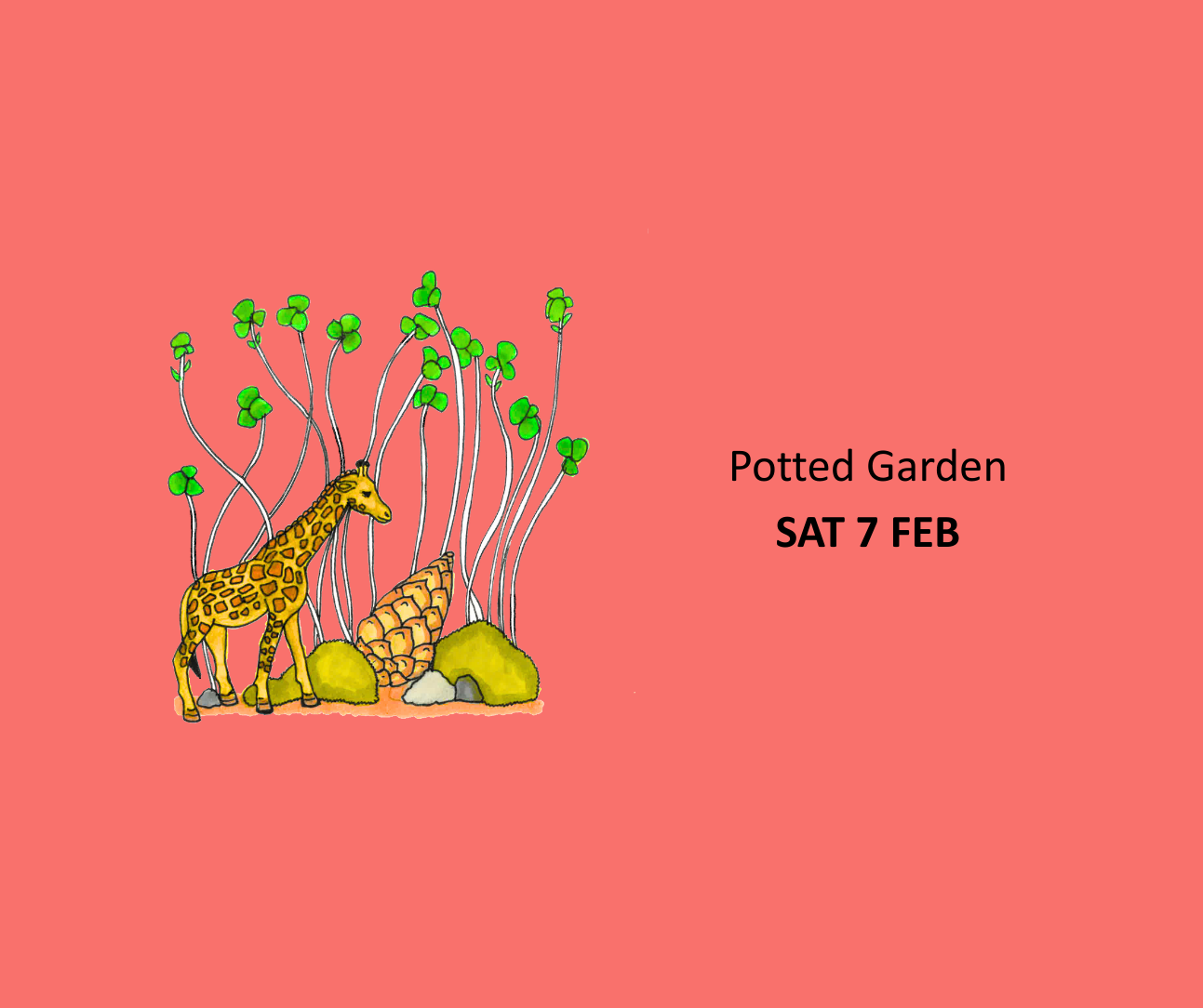 Illustration of a tiny toy giraffe standing in a tiny garden planted with cress seed and moss 