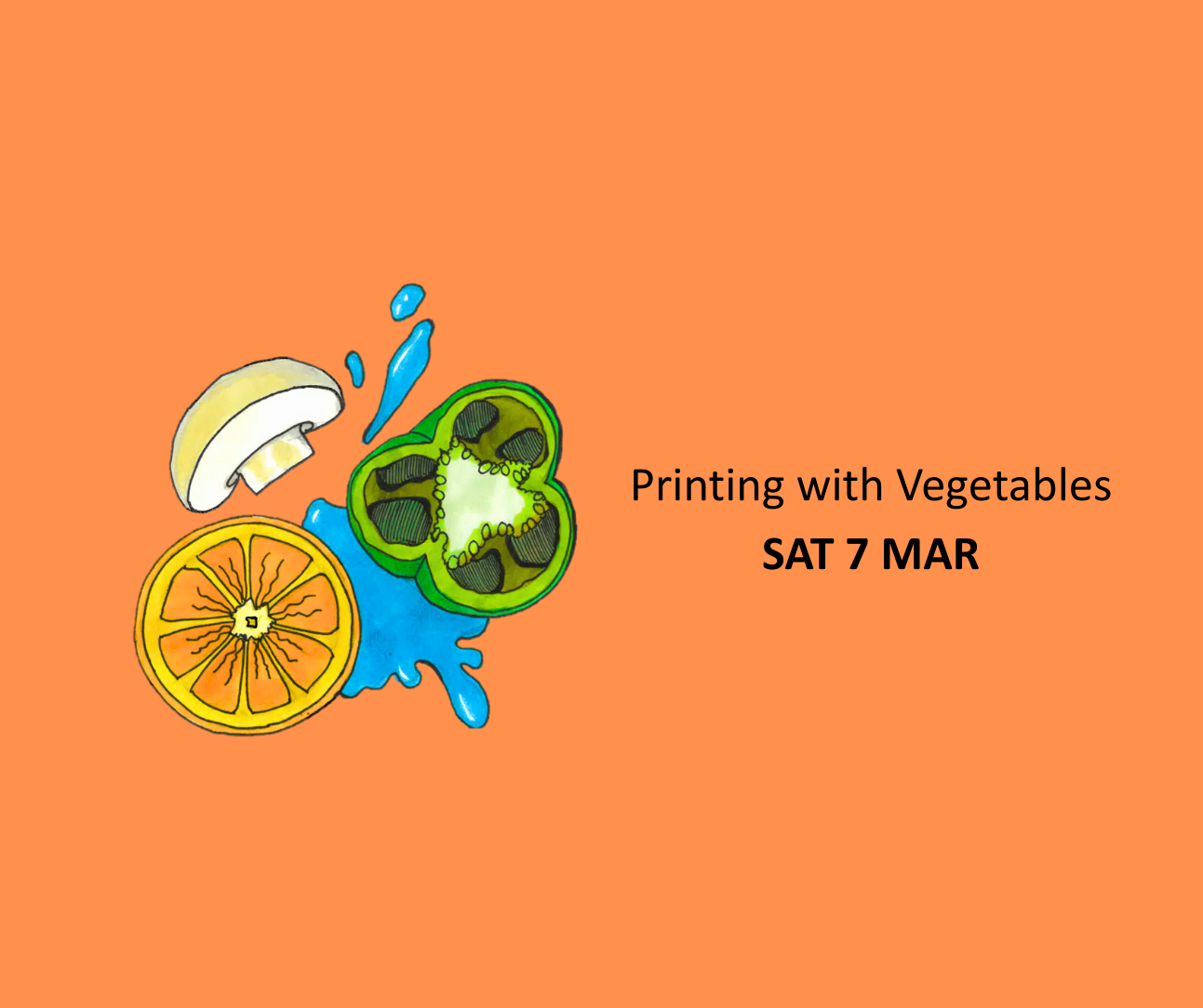 A slice of mushroom, pepper and orange on some spilt ink