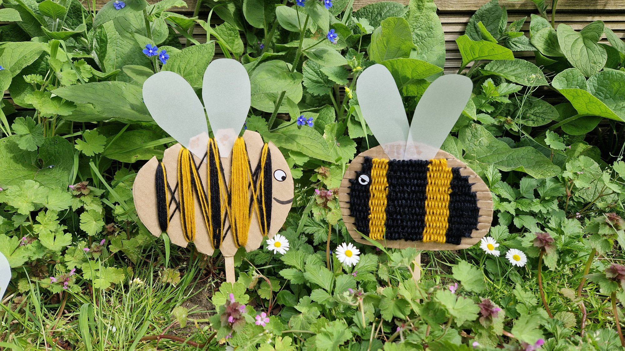 Examples of a yarn wrapped bee and bee weaving