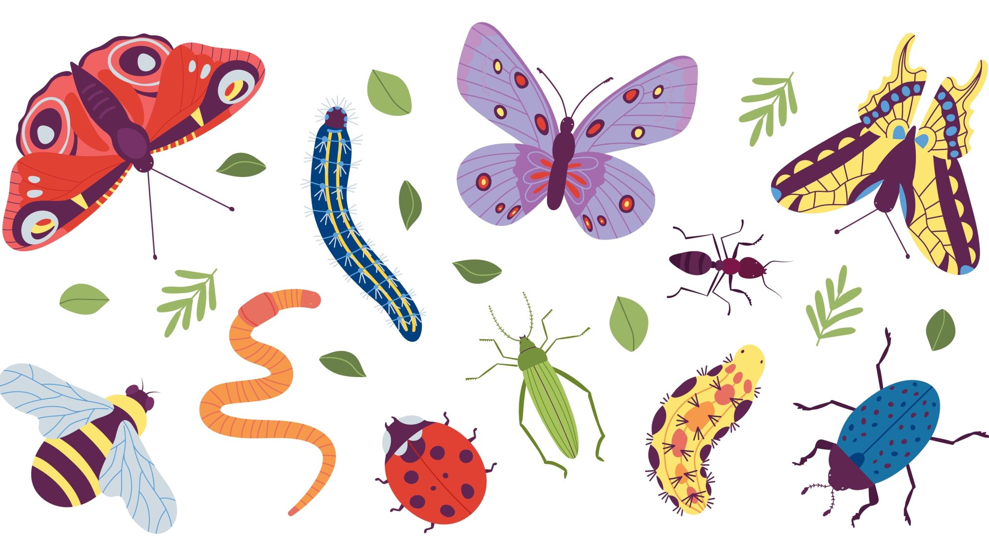 Various stylized insects and bugs are illustrated, including butterflies, a caterpillar, an ant, a bee, a ladybug, beetles, and a worm. Green leaves are scattered among them. The colours are vibrant and varied.