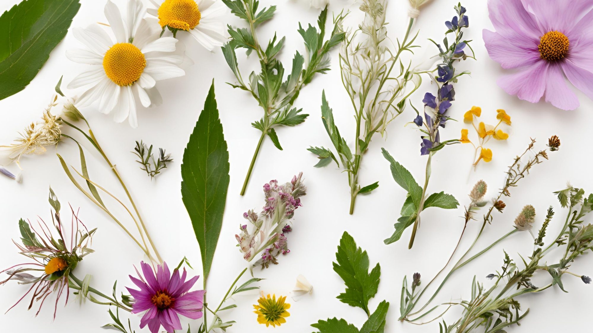 A variety of wildflowers and leaves are arranged on a white background. Various green leaves and sprigs add contrast.