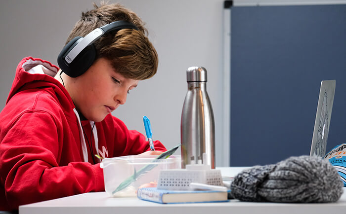 Boy at desk home schoolings