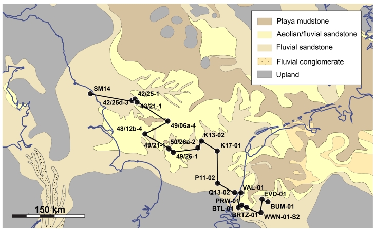 Location map for the wells used to construct the correlation panel presented in this study. Map adapted from McKie (2017) and Geluk et al. (2018).