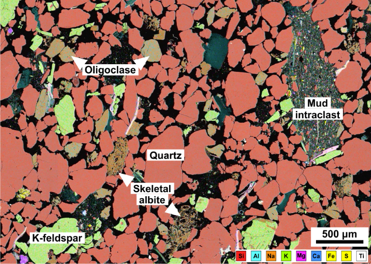 Semi-transparent elemental map overlain onto a back scattered electron map showing the intricate feldspar textures (skeletal albite and more pristine oligoclase and K-feldspar) of the Captain Sandstone. The maps were generated at CASP’s SEM facility