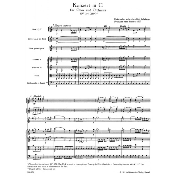 w a concerto for oboe in c k 314 k 285d urtext mozart oboe concerto sheet music