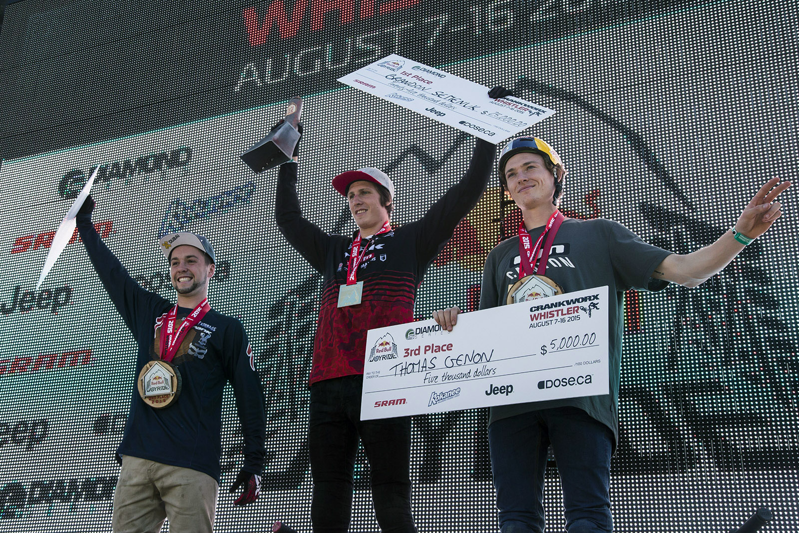 Nicholi Rogatkin, Brandon Semenuk and Thomas Genon celebrate at Red Bull Joyride in Whistler, BC, Canada on August 16, 2015. // Mason Mashon/Red Bull Content Pool // P-20150817-00004 // Usage for editorial use only // Please go to www.redbullcontentpool.com for further information. //