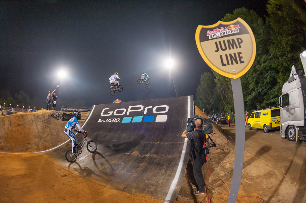 Connor Fields (USA) rides in front of Renato Rezende (BRA) and Vincent Pelluard (FRA) during the final of the Red Bull R.Evolution at the Mellowpark in Berlin, Germany on August 17th 2013