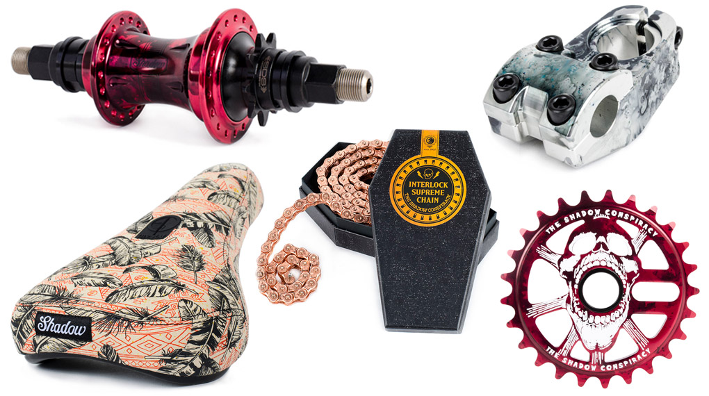 Bei Unity BMX Distribution ist eine Lieferung von The Shadow Conspiracy mit farbenfrohen Sätteln und einem Schwung Parts im neuen Batiklook eingetroffen.
