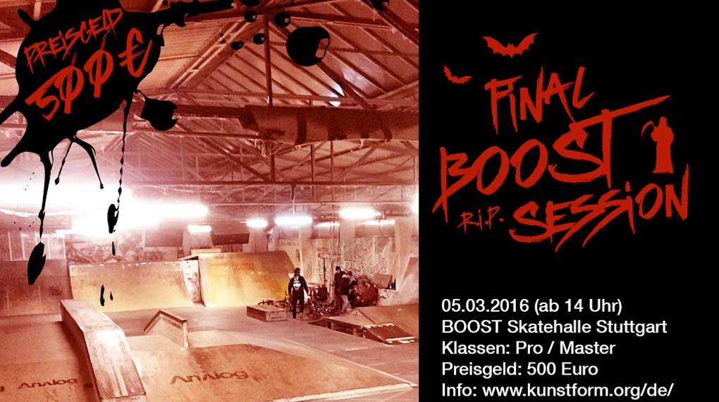 Am 5.3.2016 steigt die letzte BMX-Session in der Boost-Halle in Stuttgart, bei der es insgesamt 500 Euro Preisgeld zu gewinnen gibt. Hier erfährst du mehr.