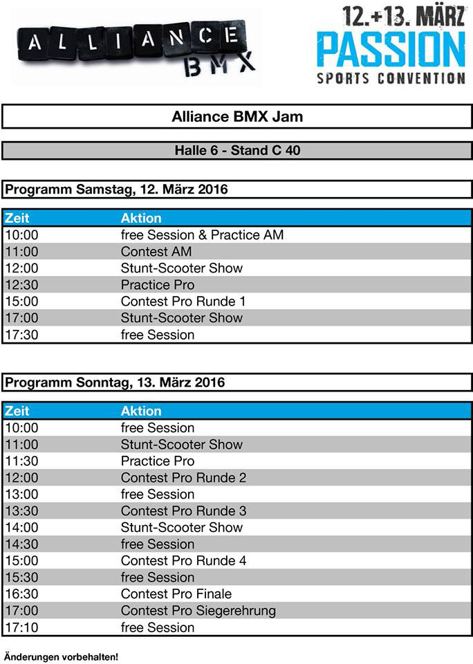 Hier ist der Zeitplan für den Alliance BMX Jam auf der Passion Sports Convention 2016