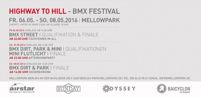 Der Zeitplan für den Highway to Hill 2016 vom 6.-8. Mai im Mellowpark Berlin