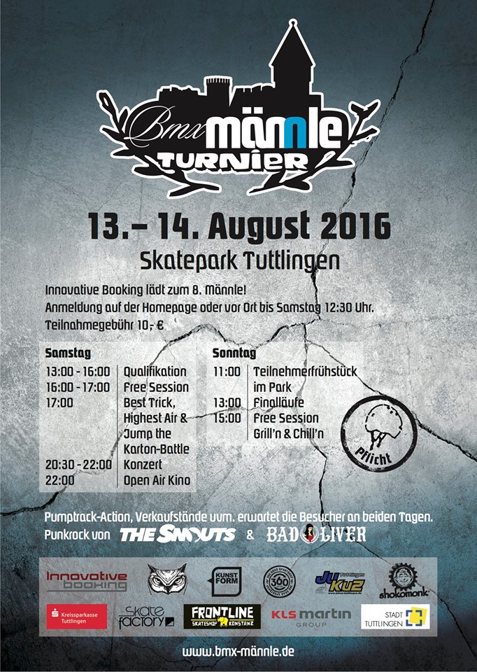 Vom 13.-14. August 2016 findet zum achten Mal das BMX Männle Turnier im Skatepark von Tuttlingen statt. Hier erfährst du mehr.