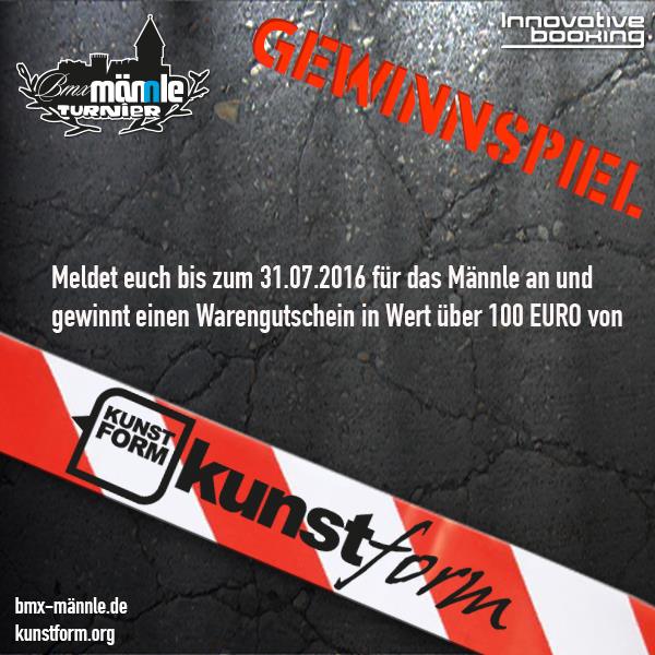 Wer sich bis Ende Juli für das BMX Männle Turnier 2016 im Skatepark Tuttlingen anmeldet, nimmt automatisch an der Verlosung eines Einkaufsgutscheins von kunstform teil. Tu es!