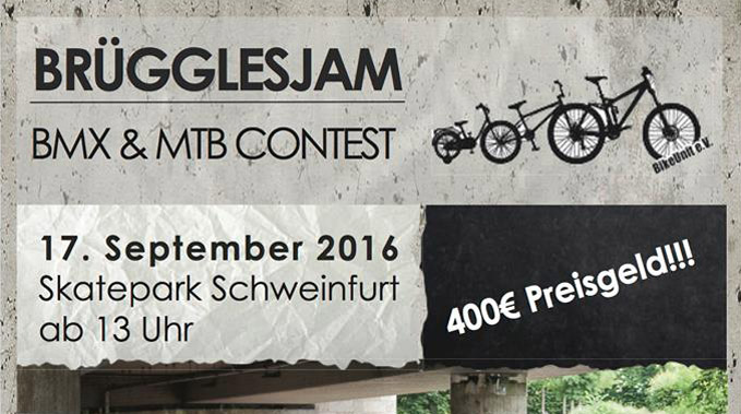 Beim Brügglesjam 2016 im Skatepark Schweinfurt gibt es am 17. September 2016 insgesamt 400 Euro Preisgeld und haufenweise Sachpreise zu gewinnen.