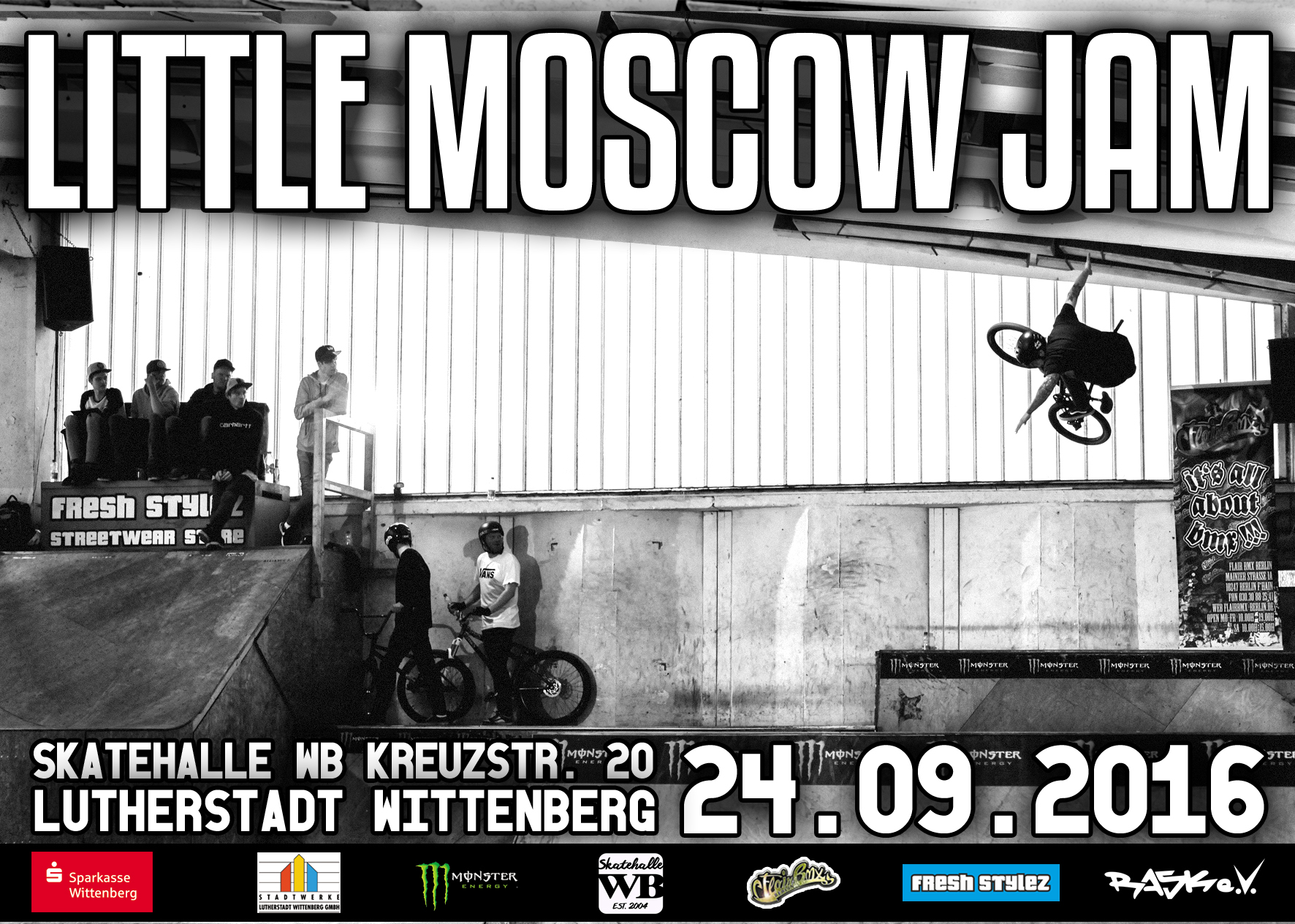 Minirampe fahren bei Flutlicht + Dirtcontest: Am 24.9..2016 geht der traditionsreiche Little Moscow Jam in der Skatehalle Wittenberg in die nächste Runde.