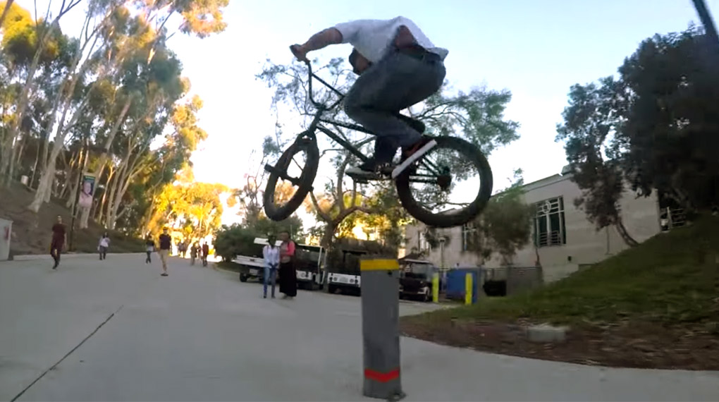 Chad Kerley versucht sich in diesem Video an der vielleicht längsten BMX-Streetline, die jemals gefilmt wurde, und mäht dabei um Haaresbreite einen Hund um.