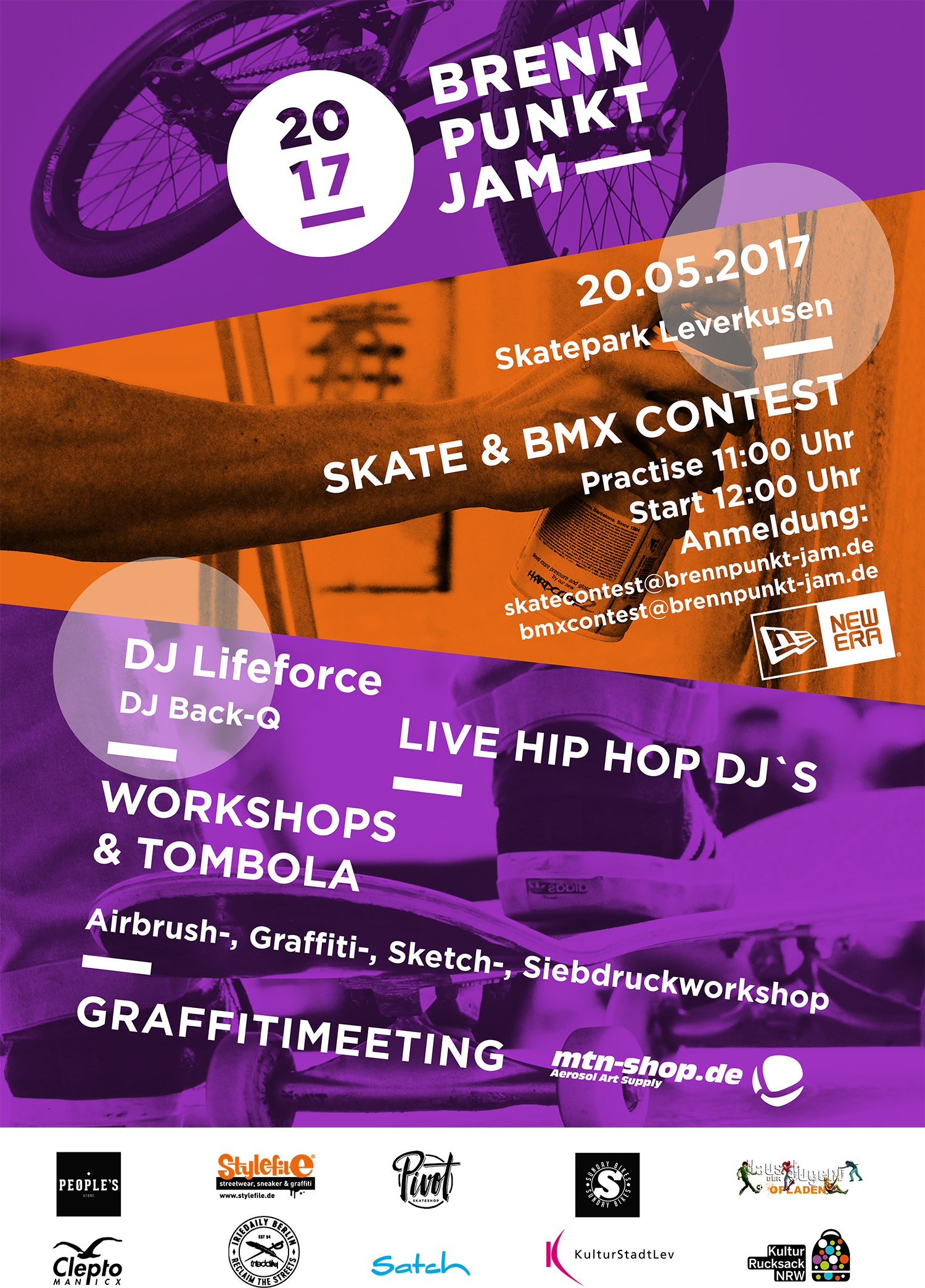 Am 20.5.2017 findet auf dem Brennpunkt Jam in Leverkusen neben Graffiti-Workshops und Liveauftritten von HipHop-DJs auch ein BMX- und Skatecontest statt.