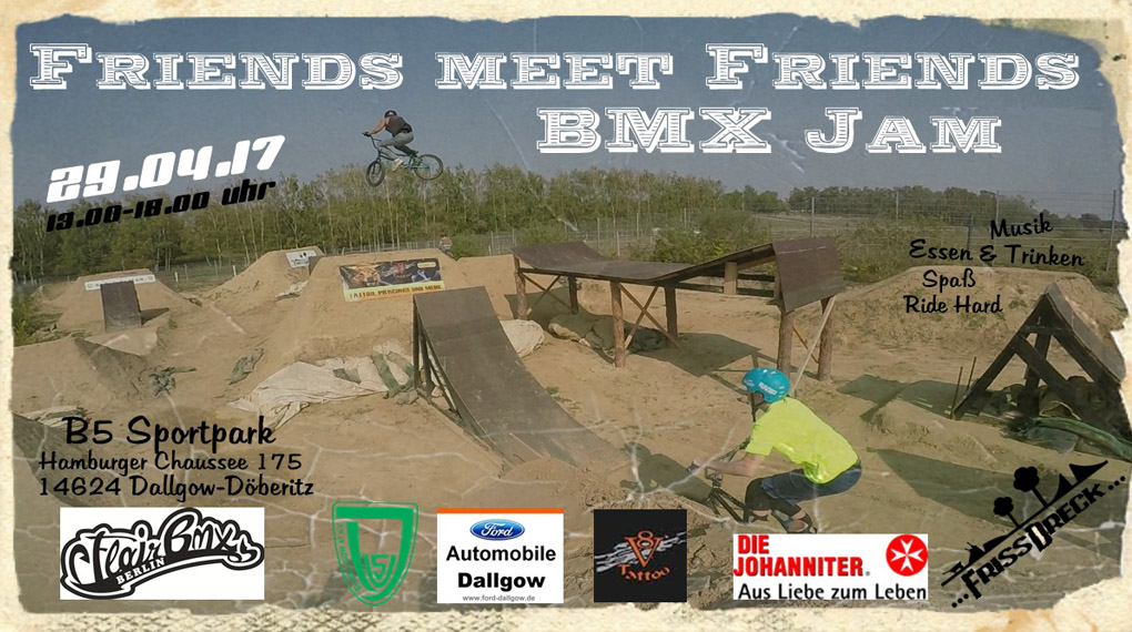 Am 29. April 2017 findet unter dem Motto "Friends meet Friends" ein BMX-Dirtjam im Sportpark Dallgow an der B5 statt. Hier erfährst du mehr.