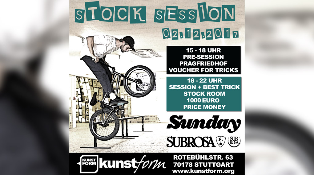 Die kunstform Stock Session 2017 findet am 2. Dezember im Lagerraum des Stuttgarter BMX Shops und Mailorders statt. Hier erfährst du mehr.