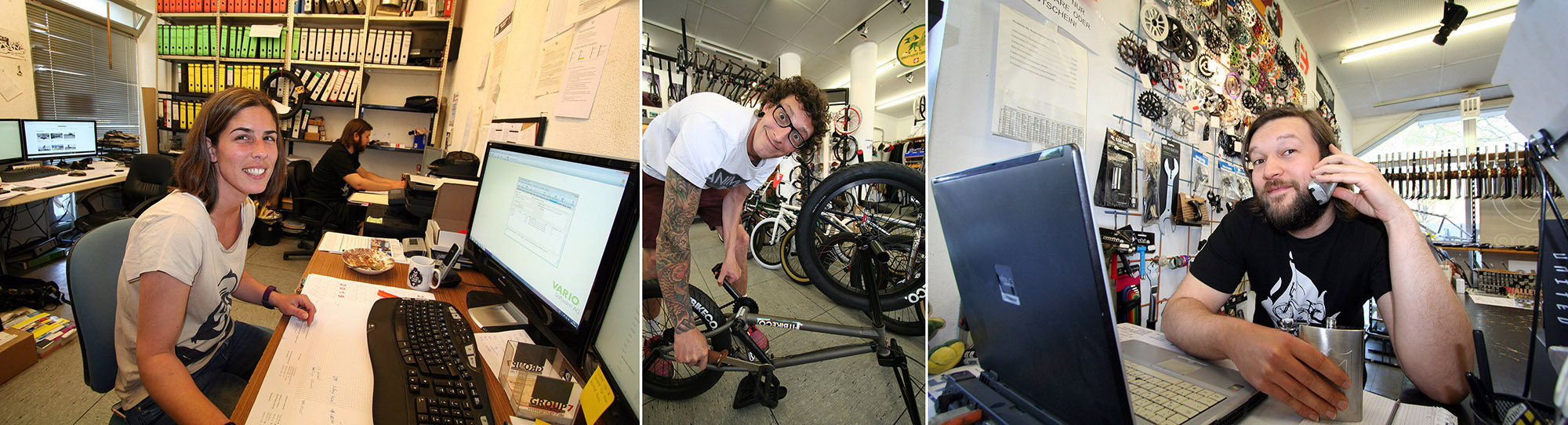 Die Mitarbeiter_innen vom 360 Grad Sportshop (v.l.n.r.): Madeleine Strupreiter, Alexander Kusch und Daniel Petr