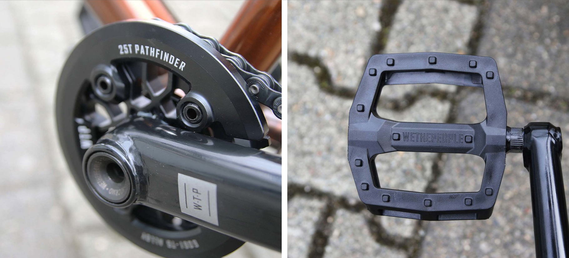 Neben dem Plastikguard für sein Signaturekettenblatt (links) testet Felix Prangenberg gerade auch die neuen Logic-Pedale von wethepeople (rechts)