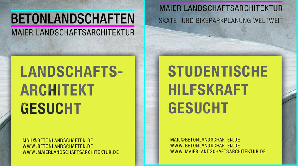 Bei Betonlandschaften sucht man zur Verstärkung des Teams eine studentische Hilfskraft und einen Landschaftsarchitekten. Hier erfährst du mehr.