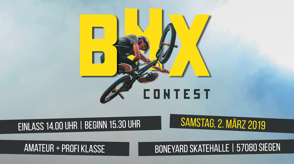 Am 2. März 2019 findet ein BMX-Contest für Amateure und Pros in der Boneyard Skatehalle in Siegen statt. Hier erfährst du mehr.