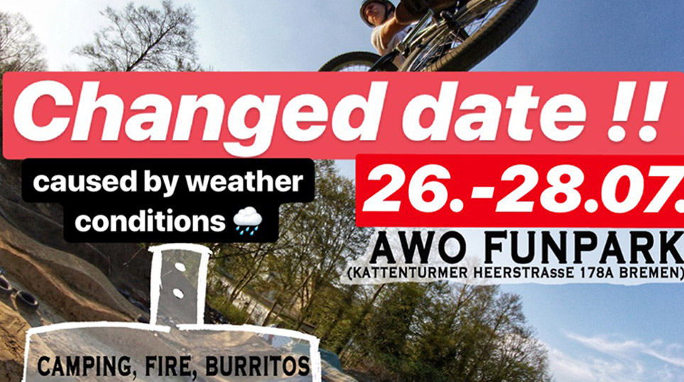 Planänderung! Der Jam an den Motiontrails im Funpark Bremen-Kattenturm wurde auf den 27. Juli 2019 verschoben. Alle Weitere erfährst du hier.