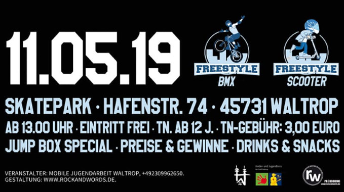 Am 11. Mai 2019 findet wieder ein BMX- und Scootercontest im Skatepark am Cliquentreff Waltrop statt. Hier erfährst du mehr.