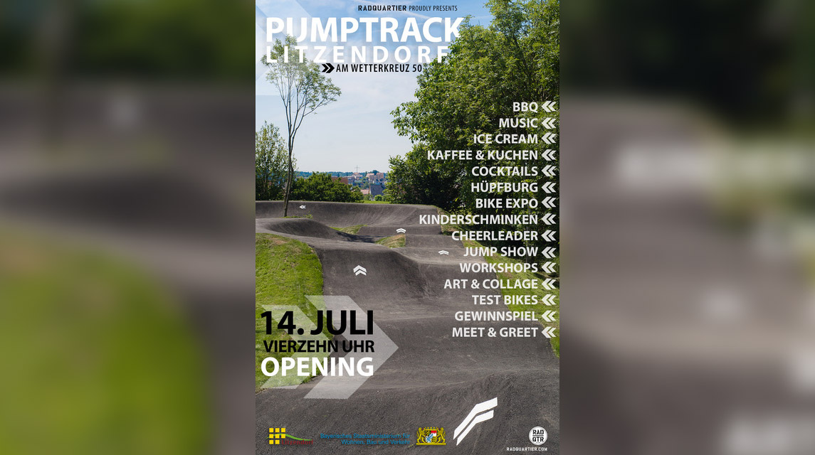 Am 14. Juli 2019 wird in Litzendorf bei Bamberg (Bayern) mit einem vielseitigen Rahmenprogramm Deutschlands modernster Pumptrack eröffnet. Mehr dazu hier.