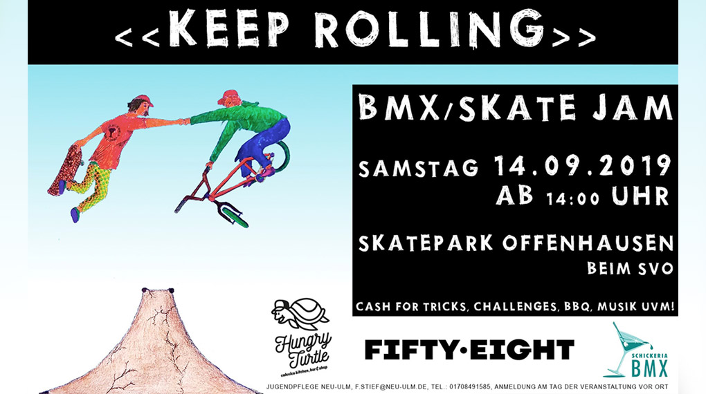 Am 14. September 2019 findet im Skatepark Neu-Ulm/Offenhausen ein BMX- und Skatejam inklusive Cash for Tricks und anderen Spielen statt.