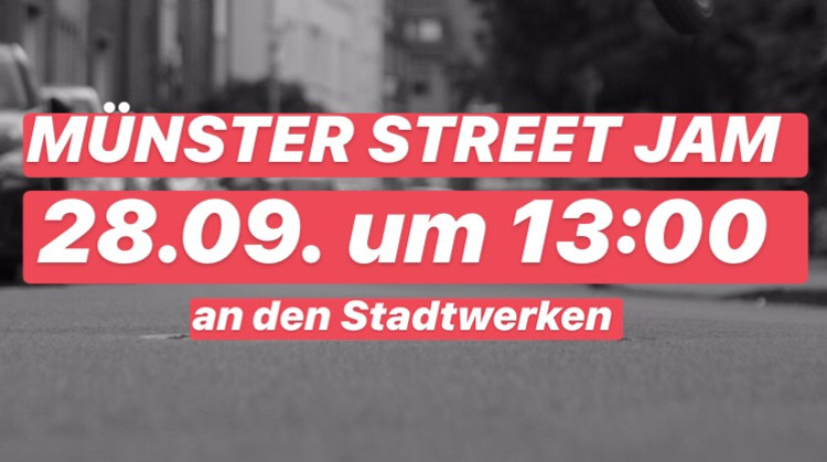 Am Samstag, dem 28. September 2019 steigt der alljährige Streetjam in Münster. Los geht es um 13:00 Uhr an den Stadtwerken. Alles Weitere erfährst du hier.