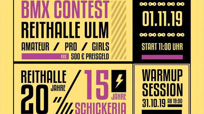Beim diesjährigen BMX-Contest am 1. November 2019 in der Reithalle Ulm gibt es drei Dinge auf einmal zu feiern. Hier erfährst du, was.