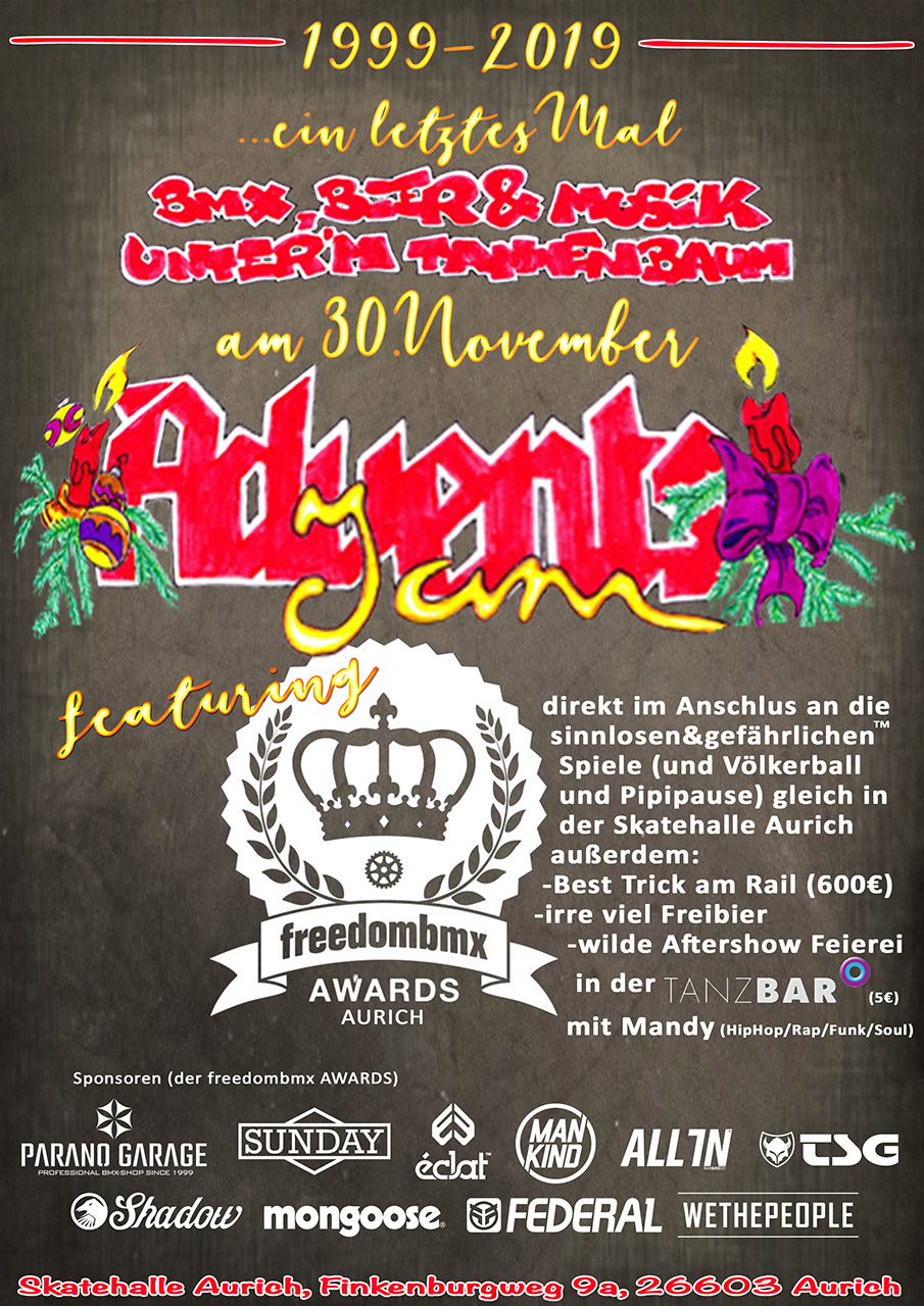 Das wird ein Fest! Die freedombmx Awards 2019 finden am 30. November im Rahmen des Adventsjam in der Skatehalle Aurich statt. Hier erfährst du mehr.