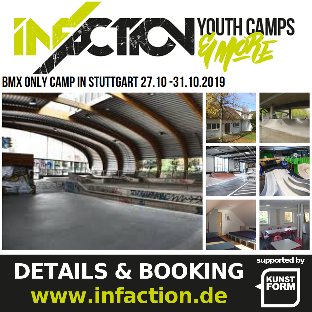 Vom 27. - 31. Oktober 2019 veranstaltet Infaction zum ersten Mal überhaupt ein BMX-Camp in Stuttgart und Umgebung. Hier erfährst du mehr.