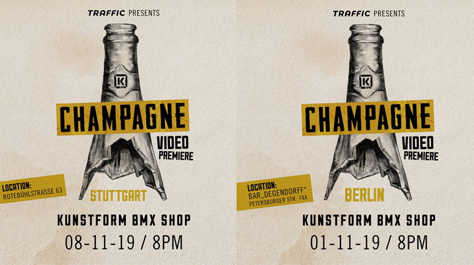 Die kunstform BMX Shops in Berlin und Stuttgart laden Anfang November zu den offiziellen Videopremieren von Champagne, dem neuen Video von Kink BMX, ein.